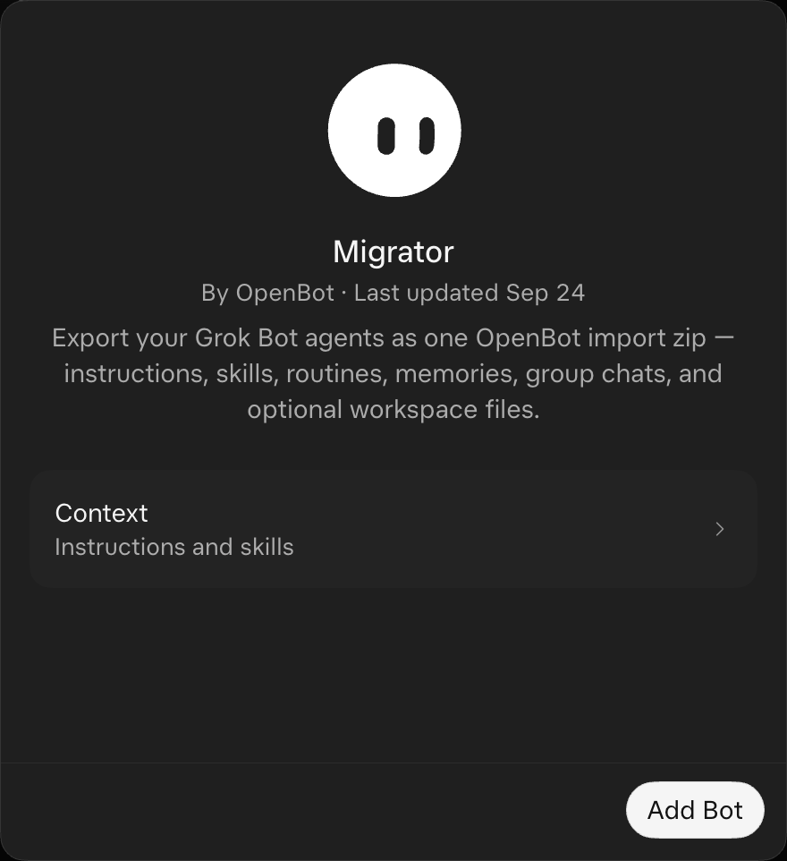 Migrator by OpenBot in Grok Bot, with the Add Bot button.