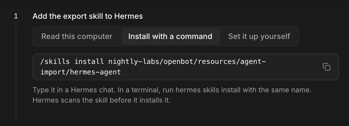 Hermes import controls with Install with a command selected, showing the skill installation command.